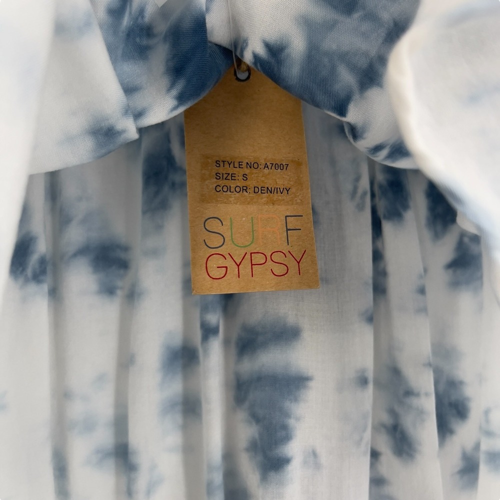 Surf Gypsy Shirt Womens Off Shoulder Blue Tie Dye Flowy Tassel Short Sleeve S - Picture 9 of 10